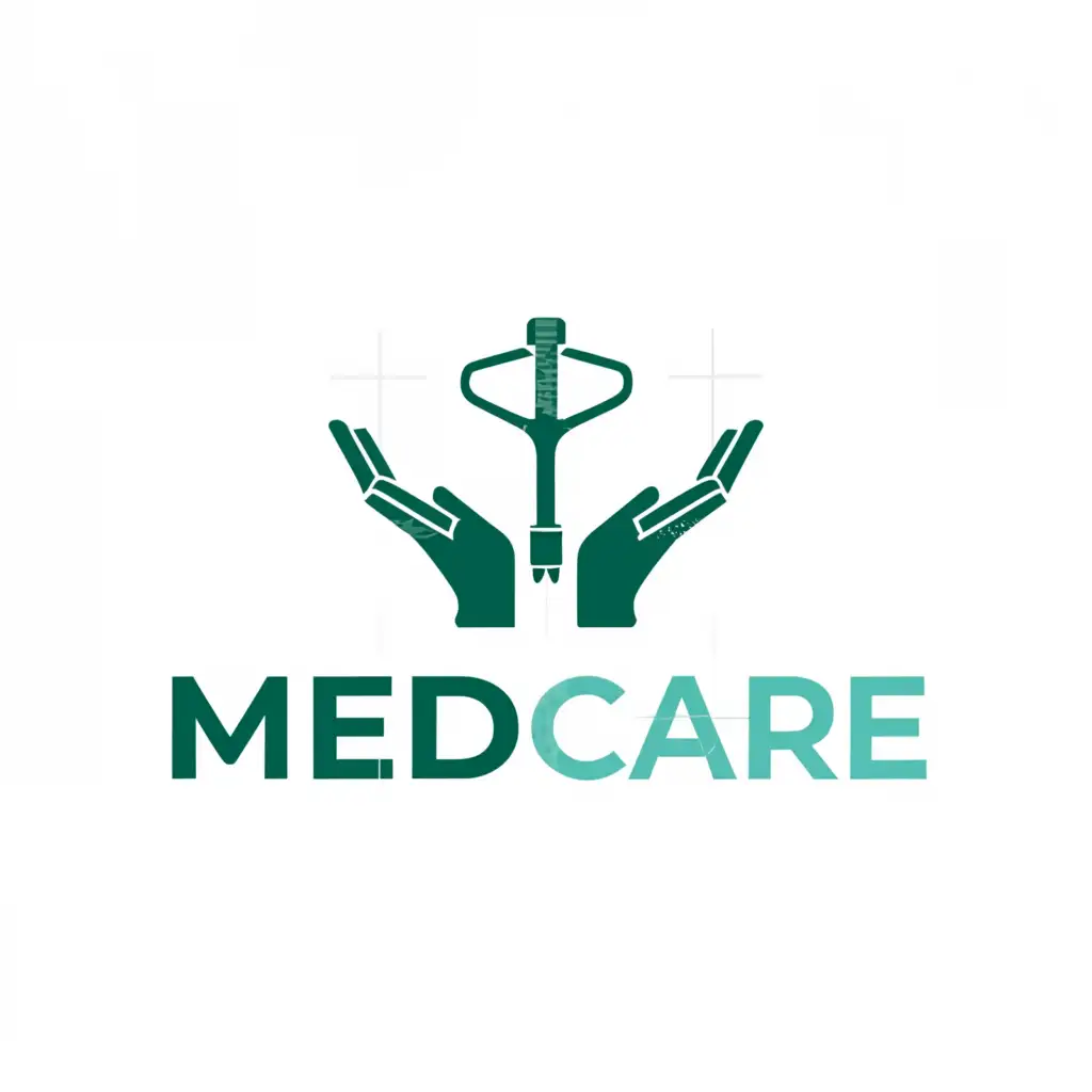 a logo design,with the text "med care", main symbol:hands with equipment,Moderate,clear background