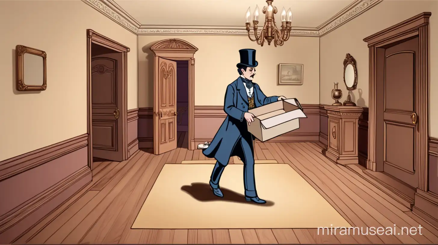 Make a color image of a Victorian era person holding an open empty shoe box inside a room.  inside a room. Please make the image cartoon type.