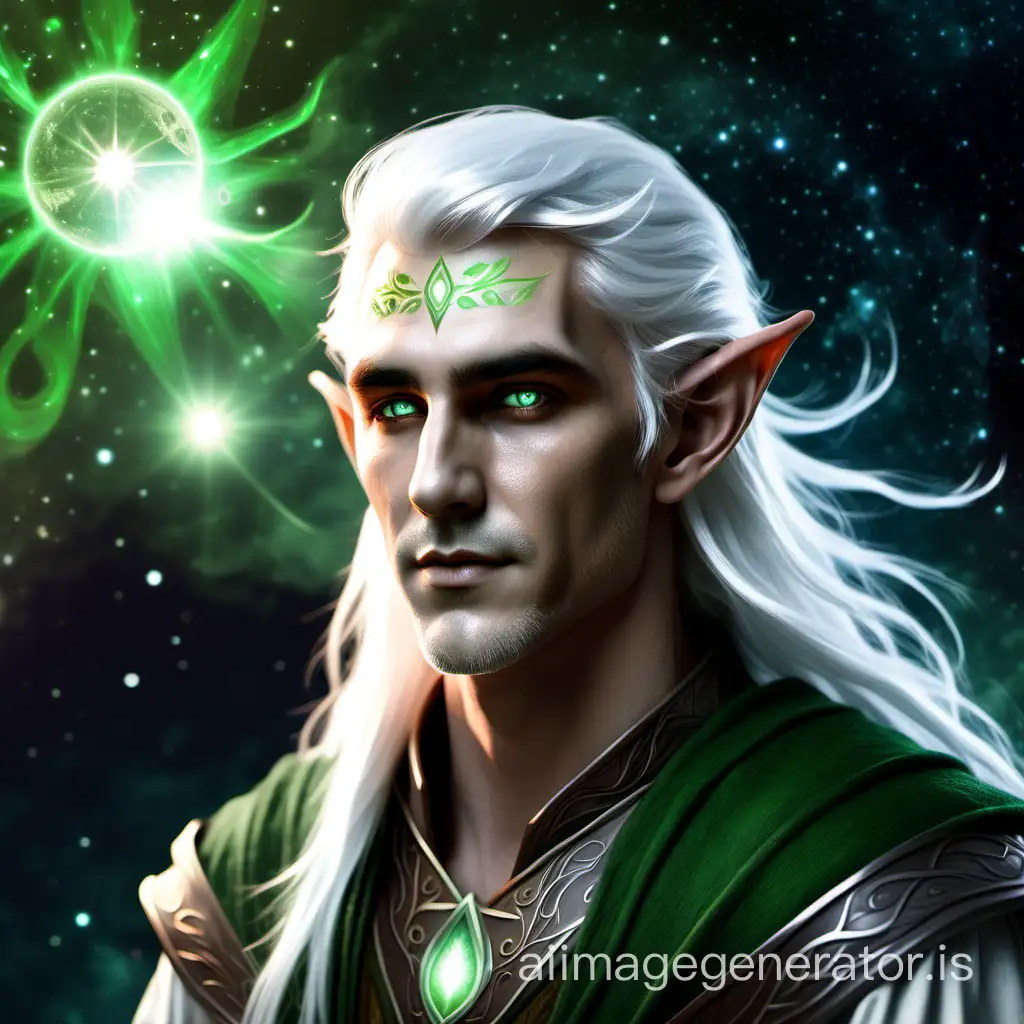 a realistic male elf druid with celestial aspects and white hair, no beard and green eyes