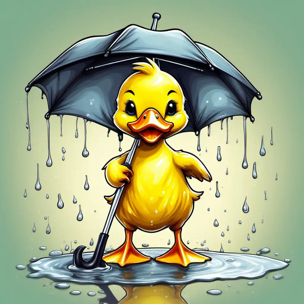 Create an illustration of a caricature sketched simple baby duck, yellow, standing in a puddle holding an umbrella blank background