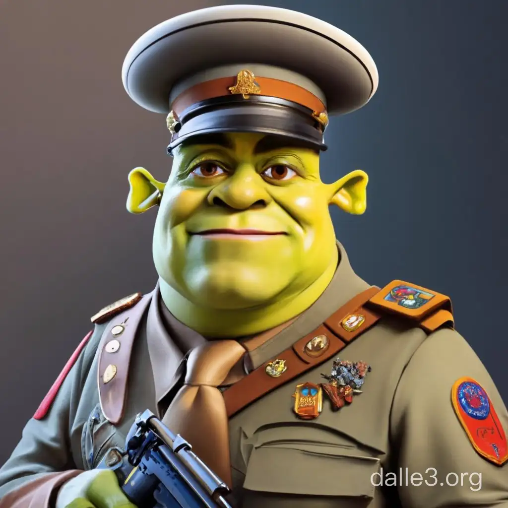 Shrek in Russian Officer Army Uniform Whimsical Mashup Art | Dalle3 AI