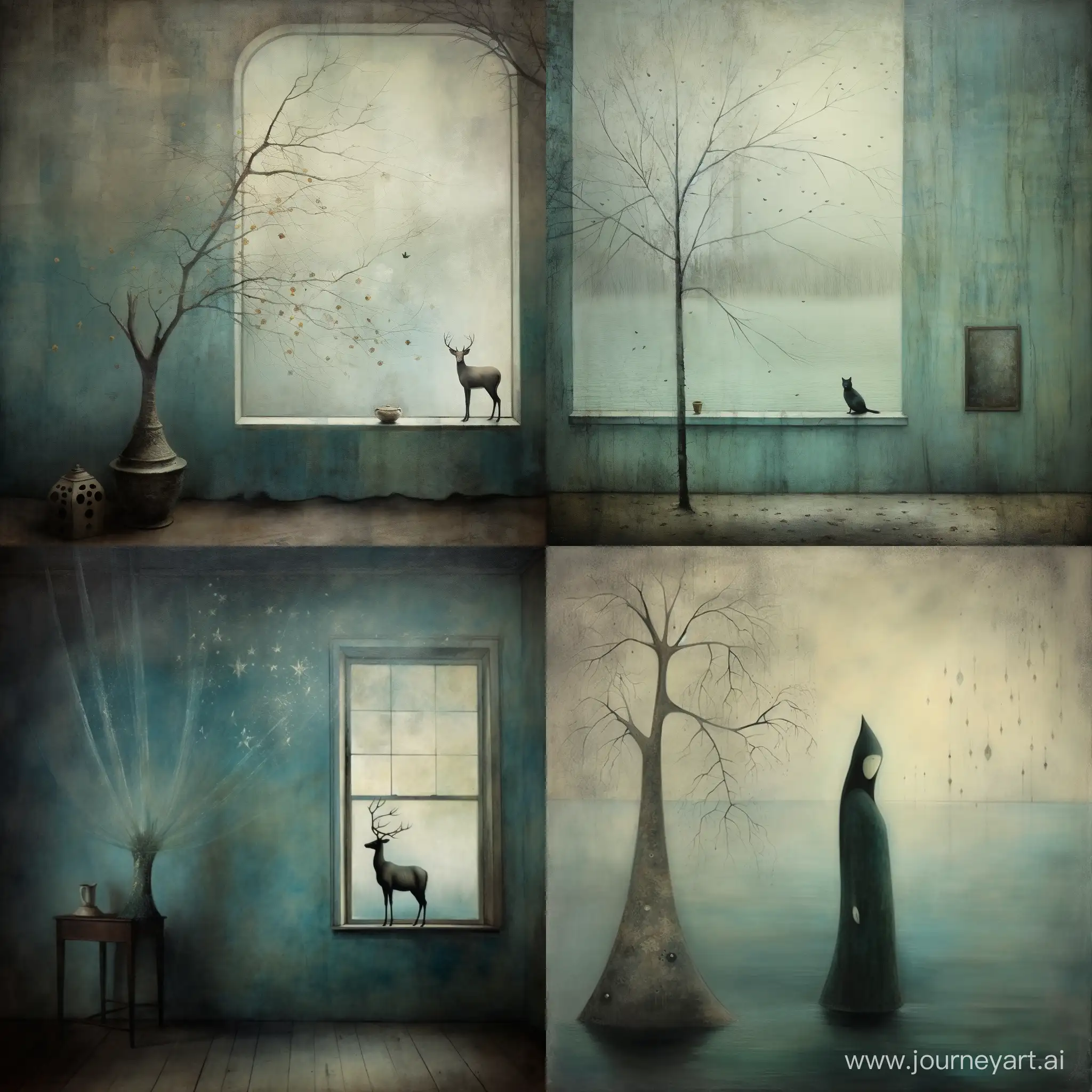 
whimsical FANTASY creature, in the style of enchanting surrealism, with hidden meanings, illusory images, jamie heiden, dark azure and aquamarine, texture-rich canvases, whimsical beauty, qajar art, raw art