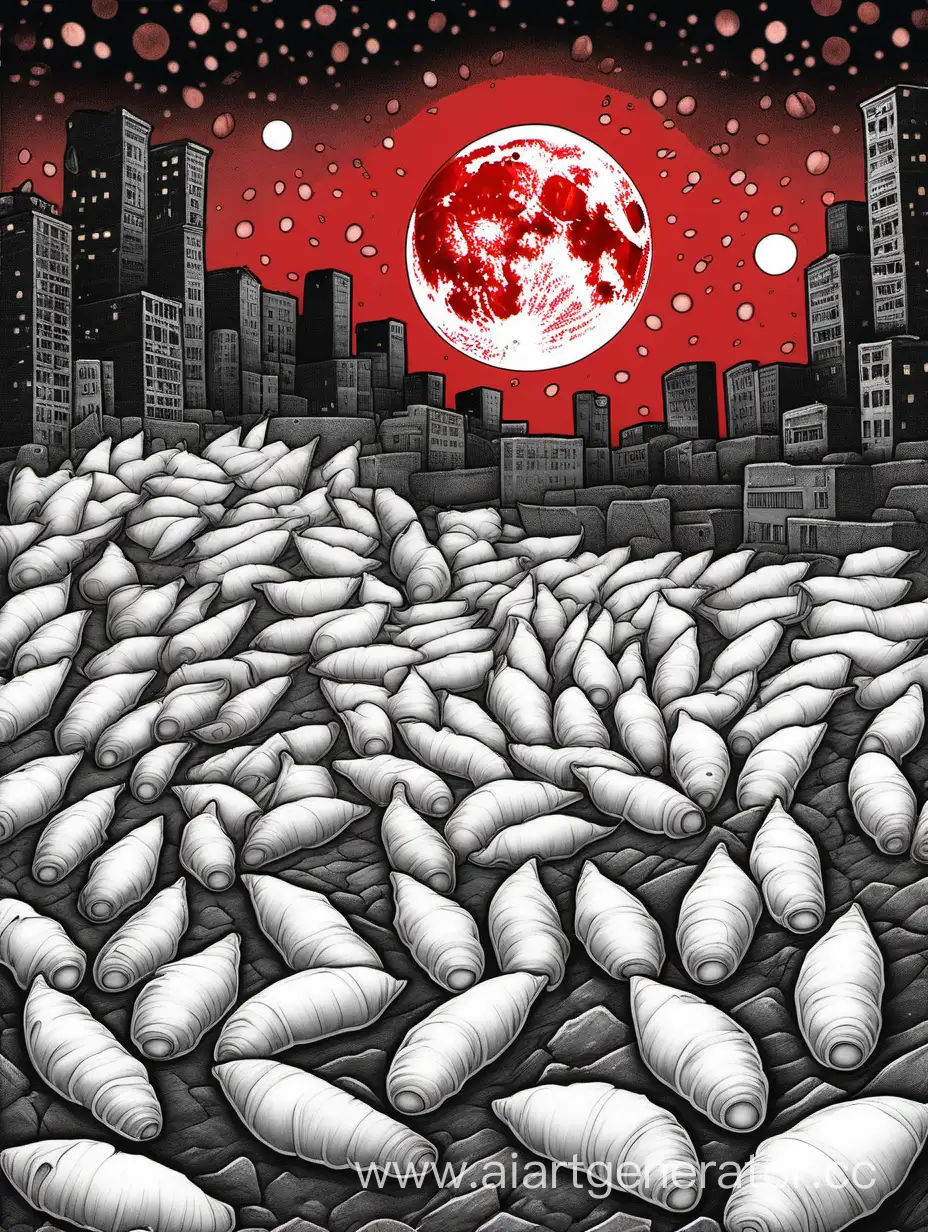 Нарисуй картинку на которой, люди в белых коконах под светом красной луны, на фоне разрушенного города
