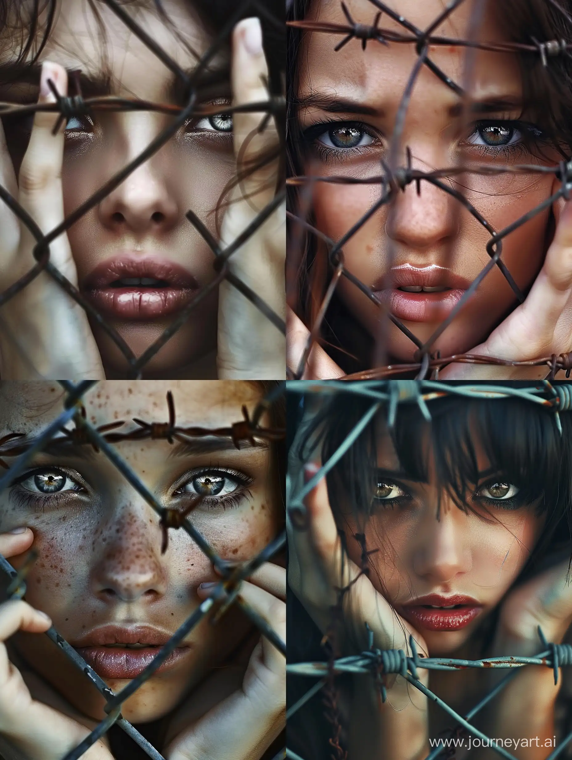 a girl, beautiful eyes, thick lip, only face, face magazine, face up, sad, behind barbed wire chainlink fence, fingers reaching through fence 
