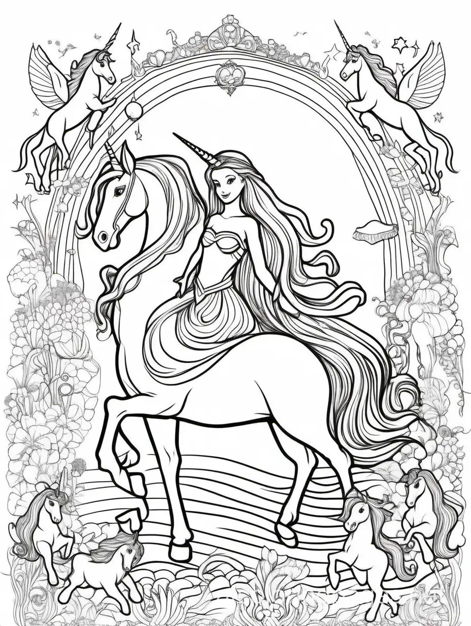 princess, mermaid, unicorn and fairy, Coloring Page, black and white, line art, white background, Simplicity, Ample White Space. The background of the coloring page is plain white to make it easy for young children to color within the lines. The outlines of all the subjects are easy to distinguish, making it simple for kids to color without too much difficulty