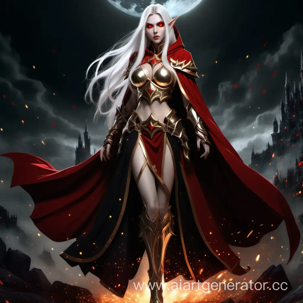Image of warcraft, golden eyes elf woman with white long hair long eyebrows and black and red armor long skirt with fabric red stars golden blade and golden eyes dark souls golden ashes and black cosmos skirt and crimson cloak, long skirt and legs high heels