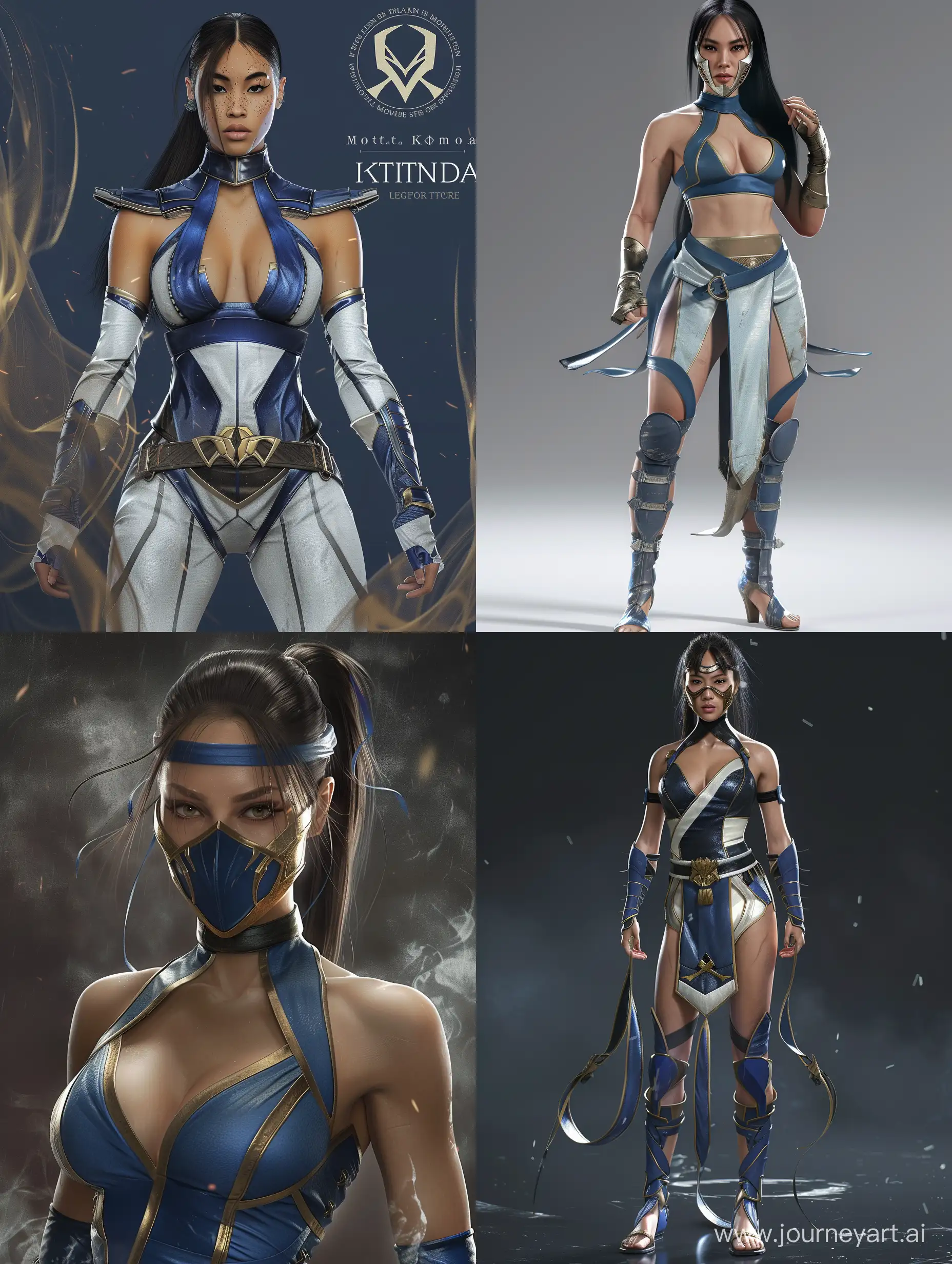 Princess Kitana from Mortal Kombat in a combat stance, wearing her alluring uniform, rendered with photorealistic detail. Ensure the portrayal captures her strength, grace, and elegance, highlighting her iconic fighting spirit.