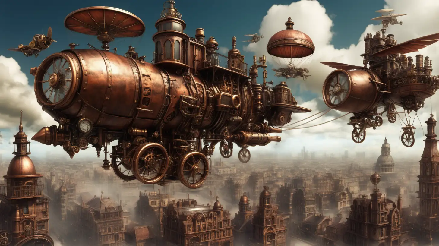 Majestic Steampunk Flying Machines Soar Above a Bustling City Skyline