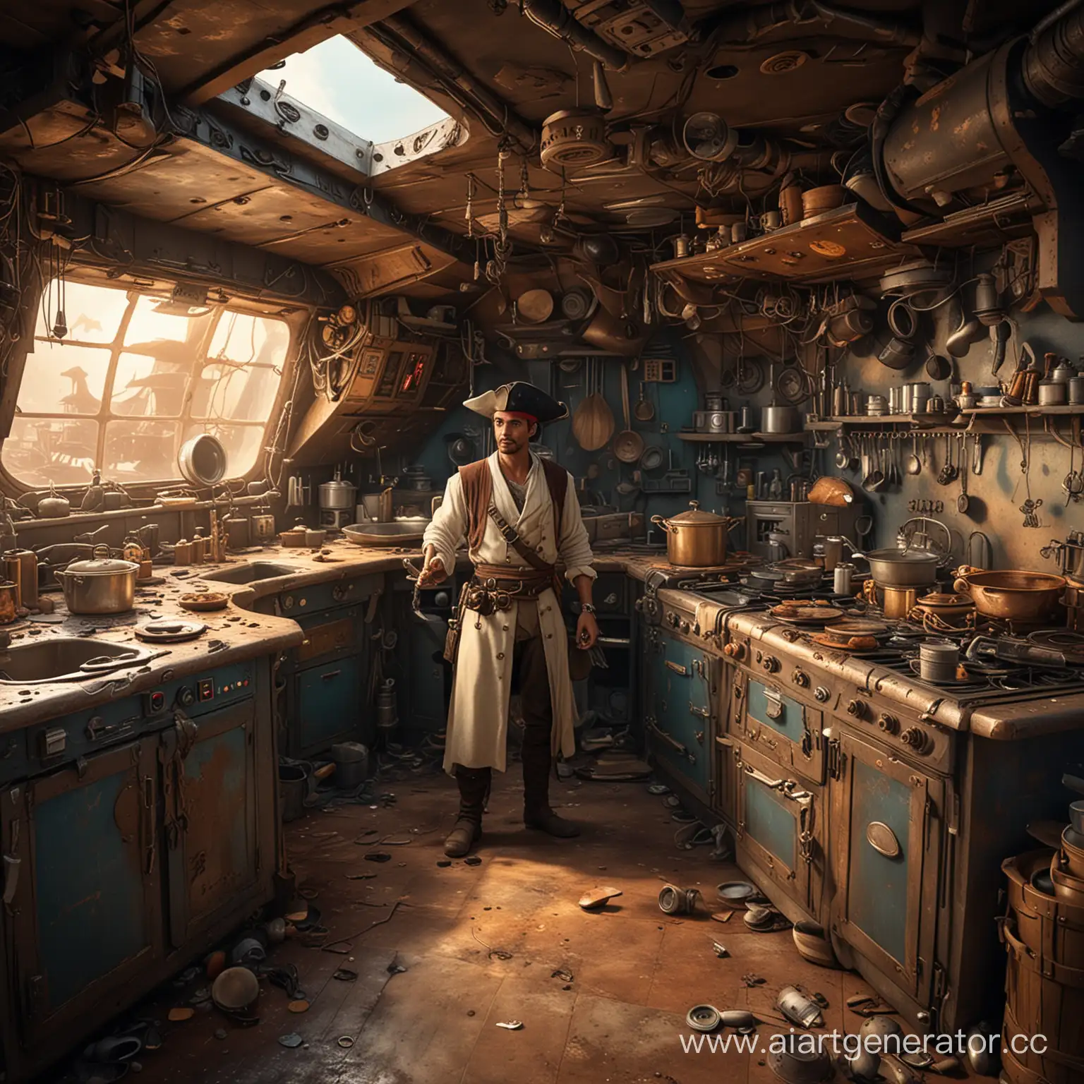 технологичная но грязная кухня со сломанным гарнитуром на пиратском космическом корабле с коком с протезом на левой руке, как в мультфильме планета сокровищ
