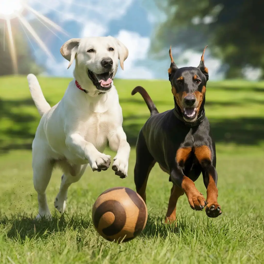 Awhite labrador dog next to a gray doberman dog playing football