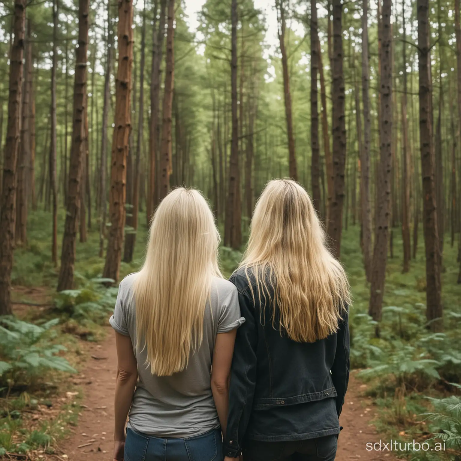 stoner rock band composed of a long haired blonde man and a blonde woman, from behind far in the distance, man is in front, looking forward, in the forest, 90mm