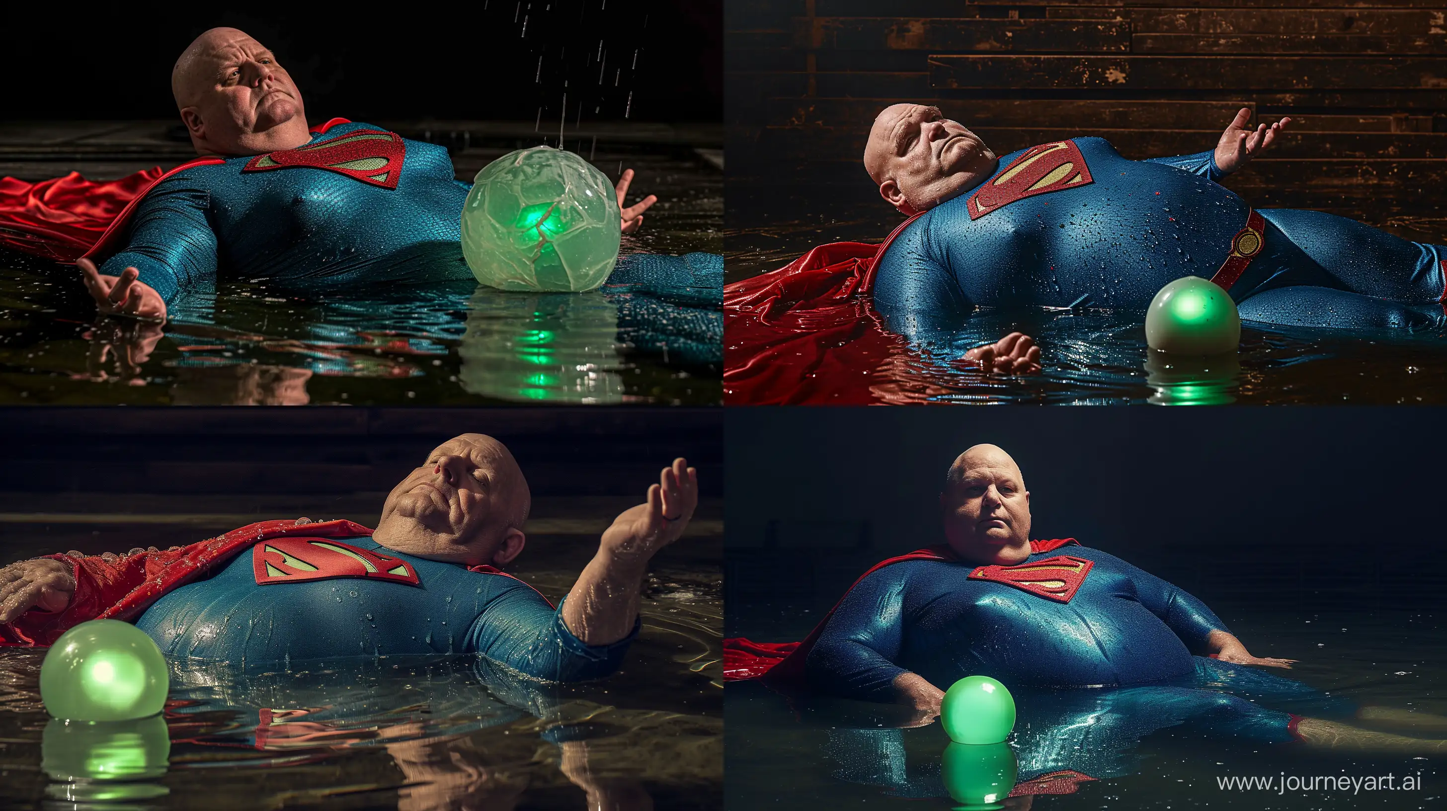 chubby man aged 70 lying in water, small green illuminated ball, wet tight blue spandex superman costume, red cape, clean shaven, bald, sharp-focus, high-quality, award-winning photograph, Canon EOS 5D Mark IV DSLR, professional lighting setup, Adobe Photoshop --ar 16:9 --v 6