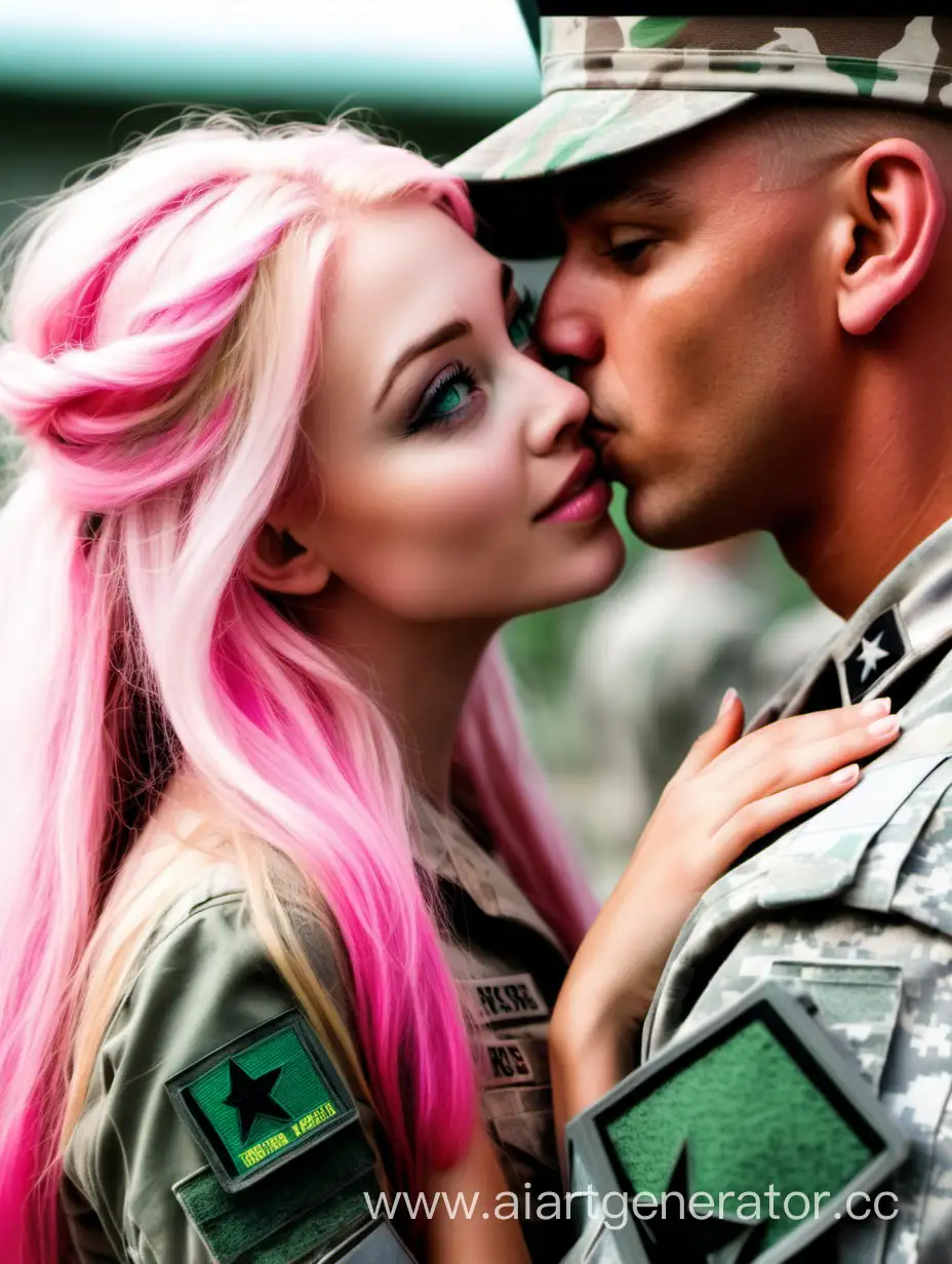 девочка бландинка с зелёными глазами с длинными розовыми волосами  с красивыми мальчиком с короткой стрижкой встречает его из армии она ево поцеловала и обняла