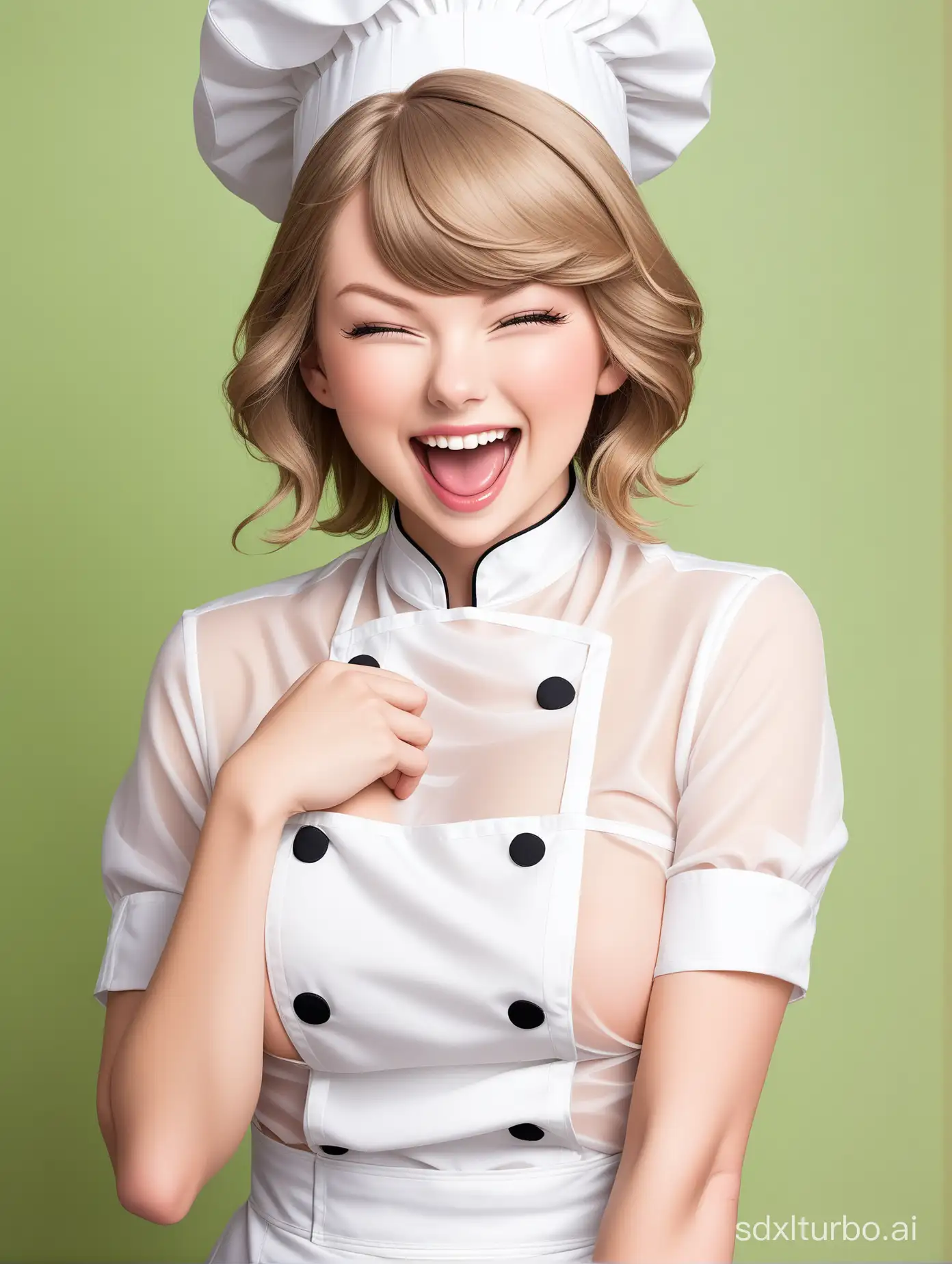1 woman,like Taylor swift，medium breast，sexy，upper body, laughing, （(white chef's outfit)), White sheer thong，Photograph by Loretta Lux