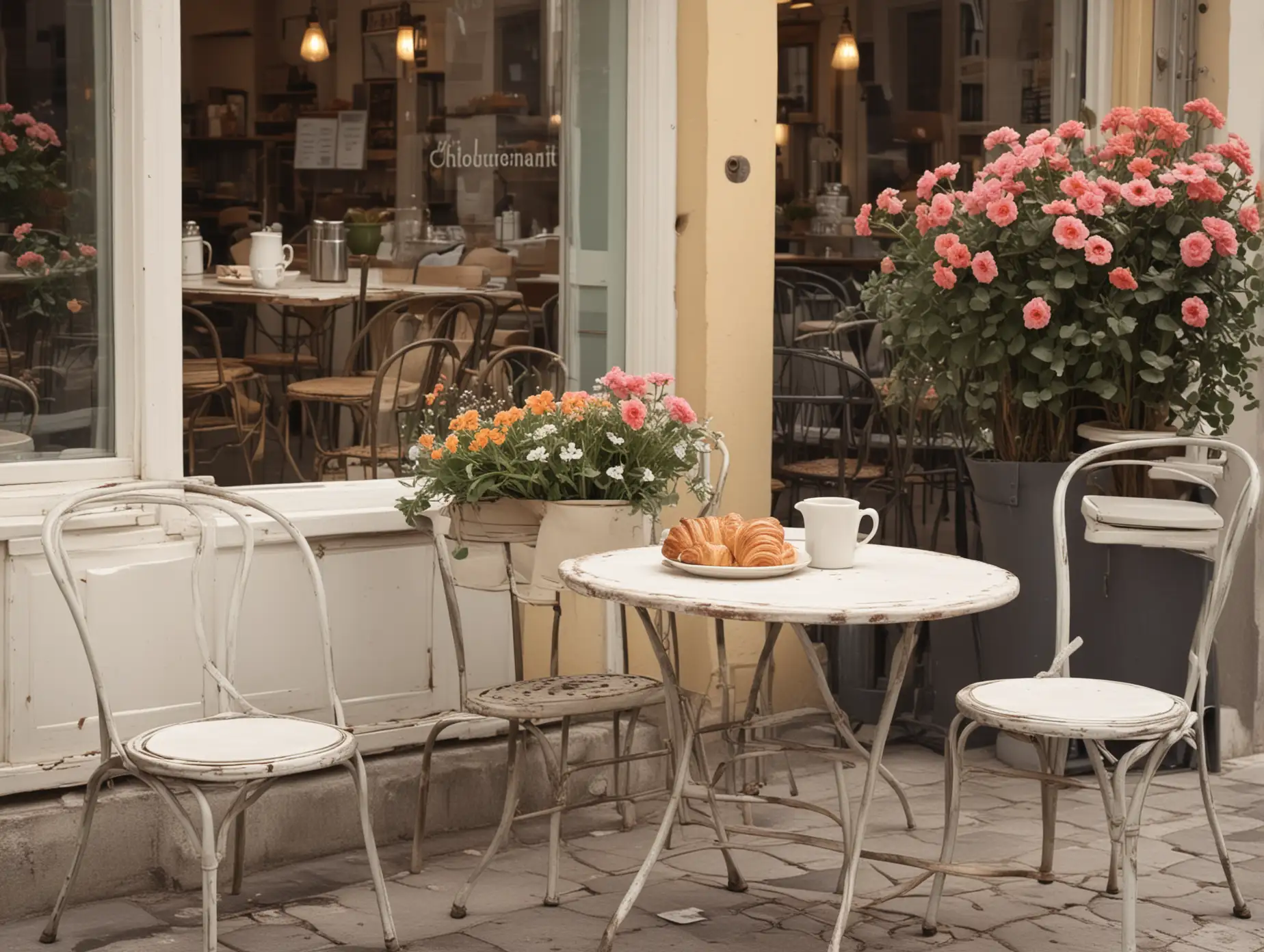 Prompt: outside table and chairs in a french bistro, with coffee, a croissant on a plate and a vase of flowers in the style of Mo Willems, retro poster style. --ar 4:5 --style raw