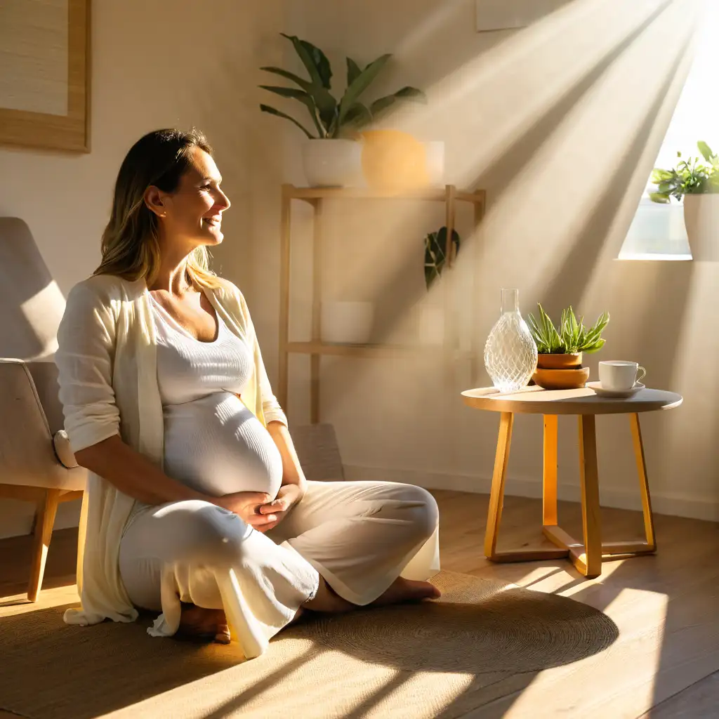 pregnant Woman sitting in a ray of sunshine