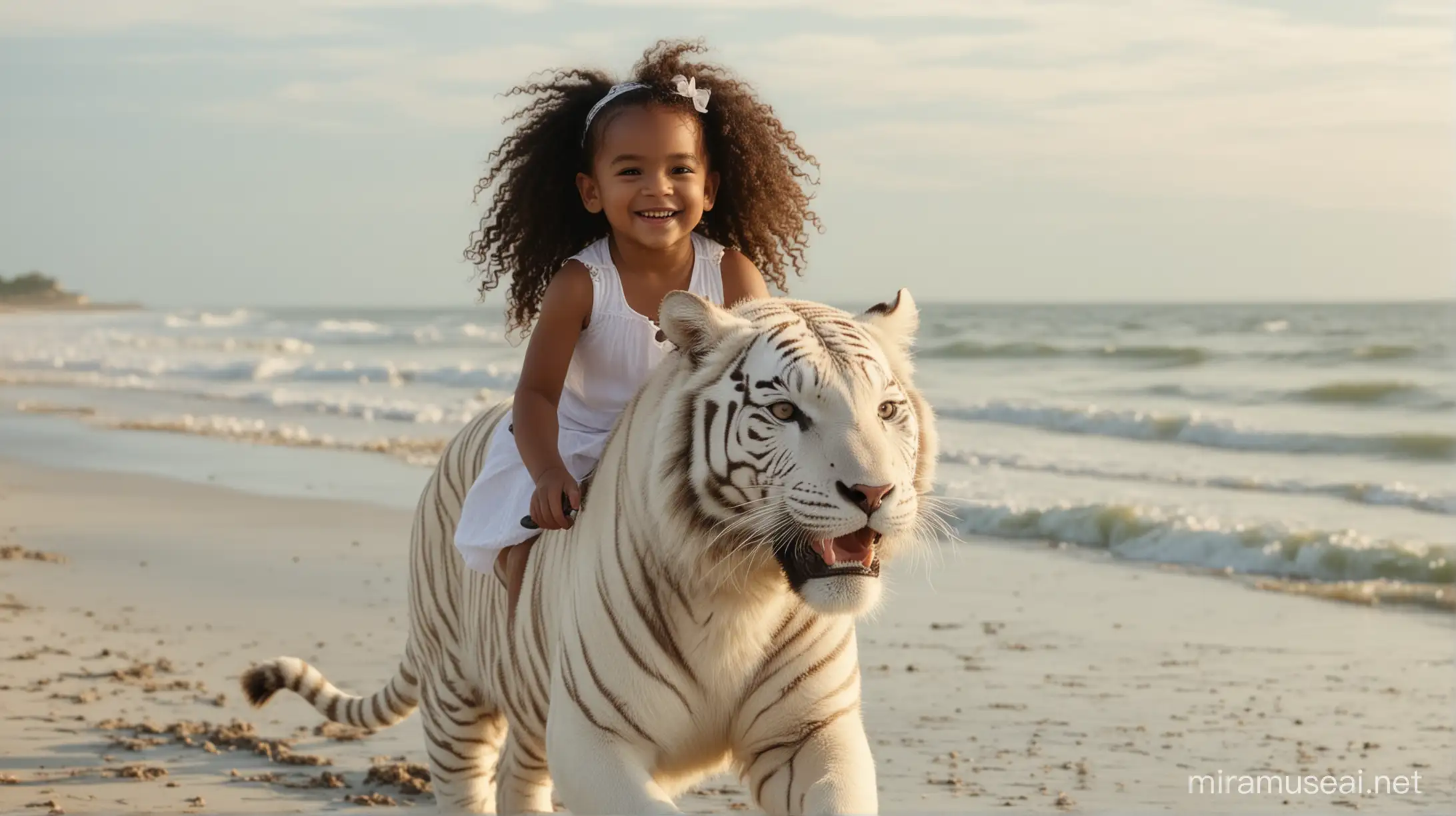 wide shot of a cute African American baby girl, very long curly hair, smiling, riding on a white tiger on the beach