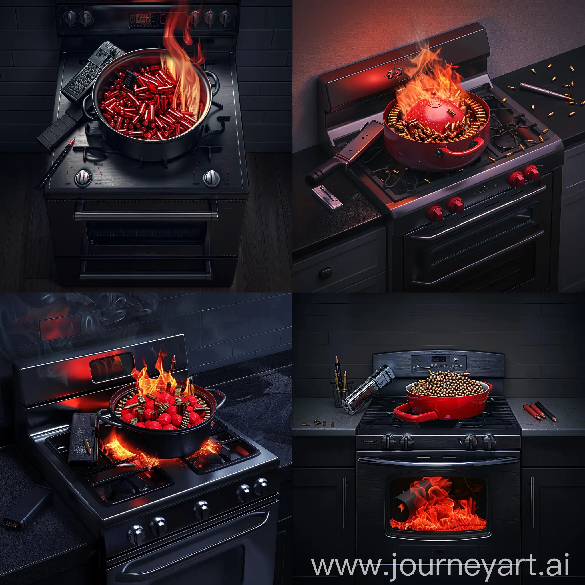 a 4k hdr photo realistic digital  art image of a black stainless steel stove burning a red pot full of bullets, with a high-capacity magazine laying on top of the left rear eye of the stove , and a writing pen subtly off to the side of the stove 