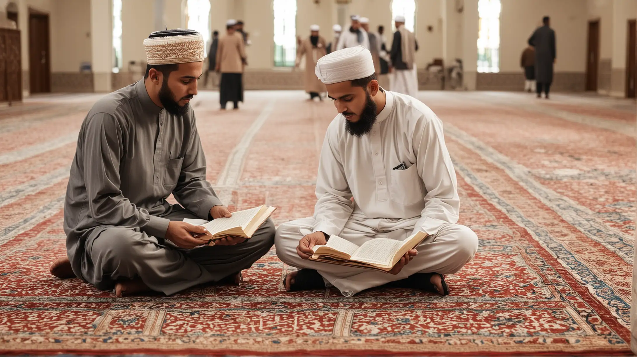 Muslim man teaching quran to other muslim man in a mosque

