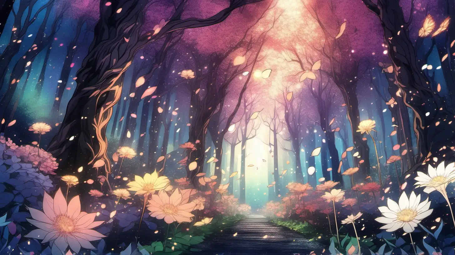 in anime style,  a mystical forest realm with  otherworldly flowers, each petal glowing with hues that transcended the ordinary