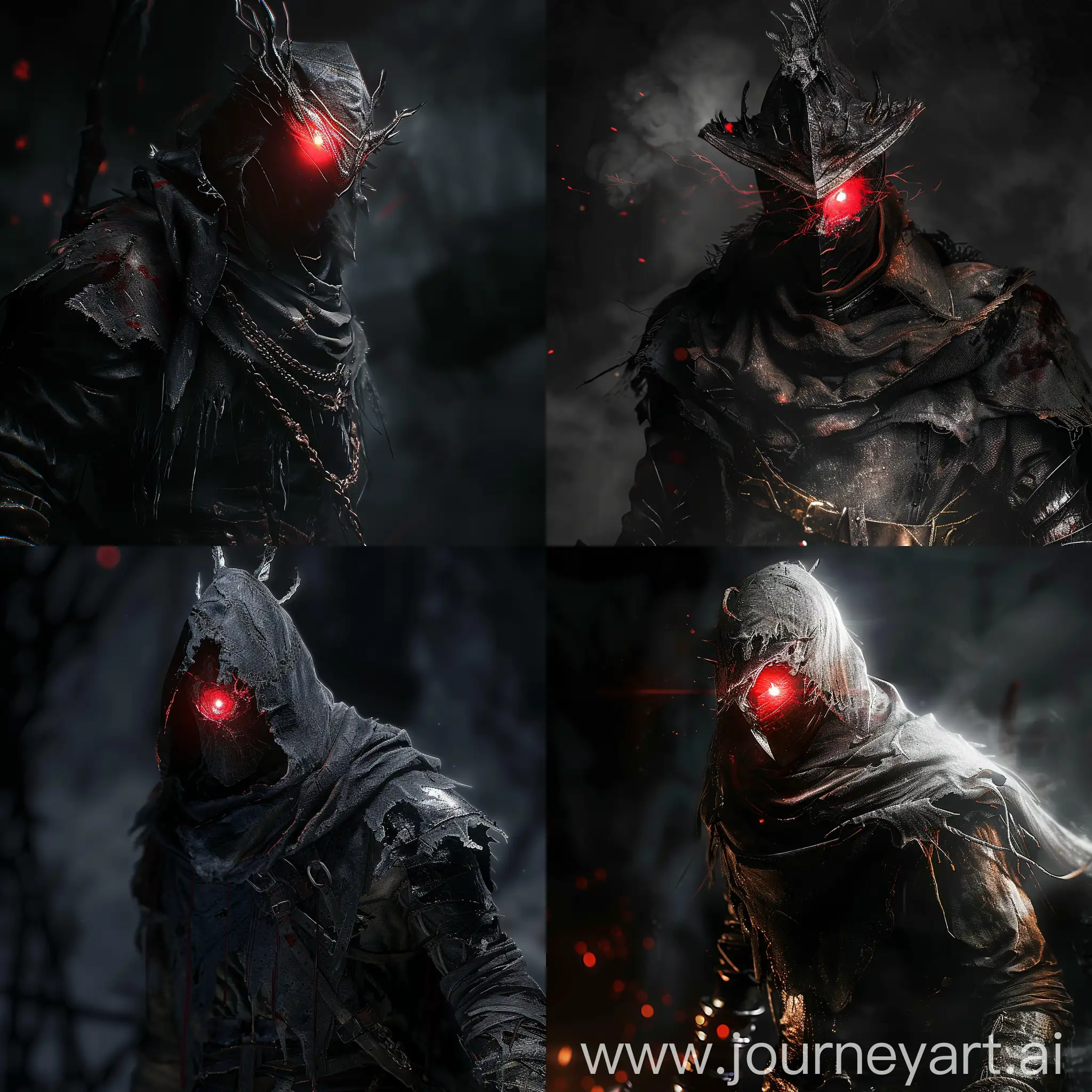 bloodborne hunter male, dark light, one red glowing eye, rage and evil