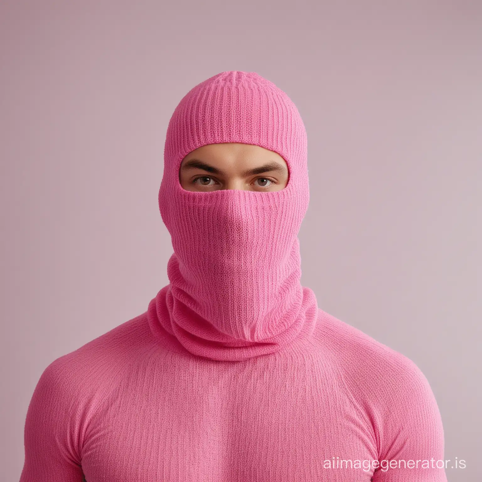 a single sperm cell wrapped around a tall hunk man wearing a pink balaclava