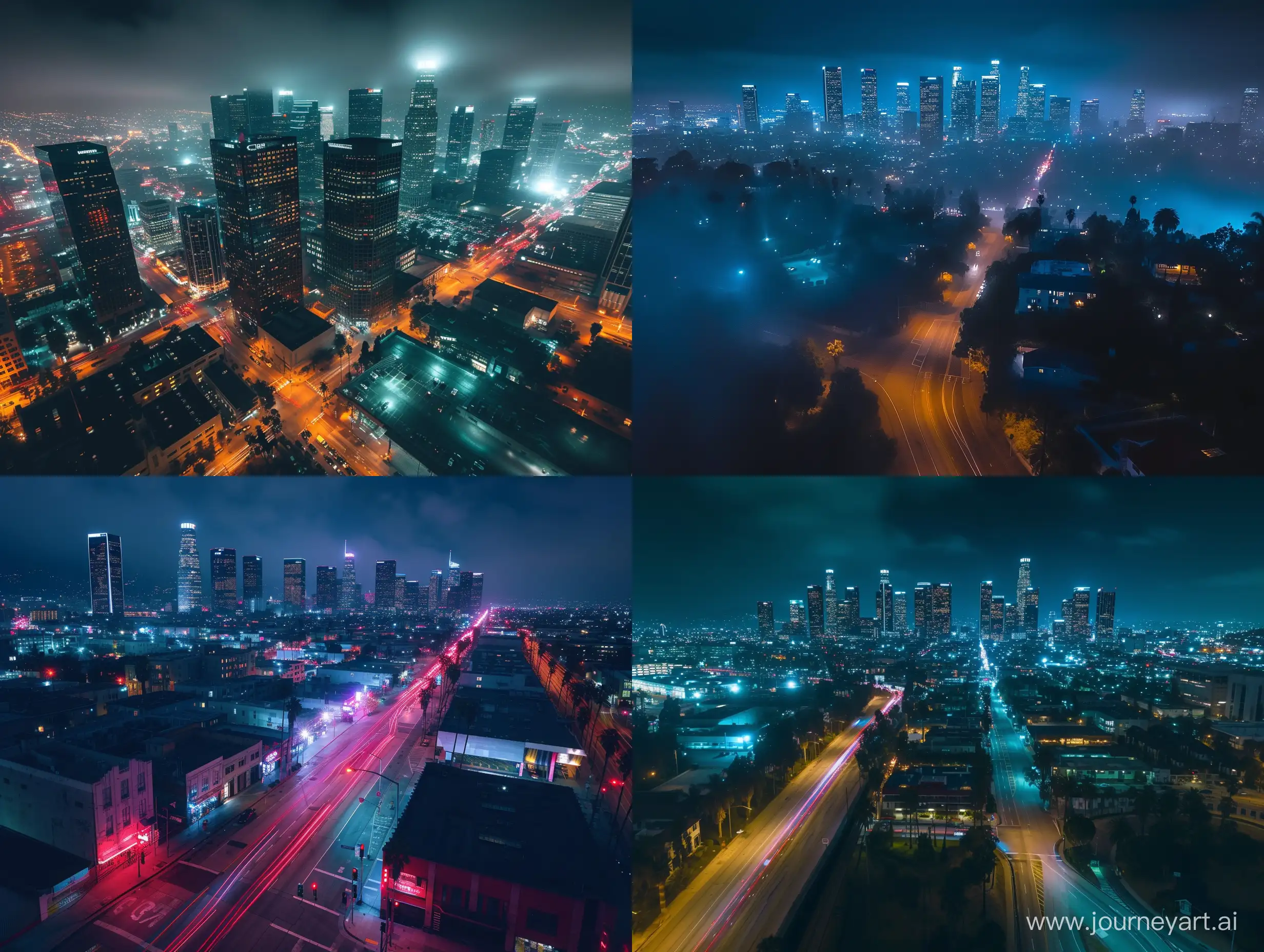 los angeles city, vivid , detailed. scene ,moody, nighttime, "Environment, photograph, drone view,
