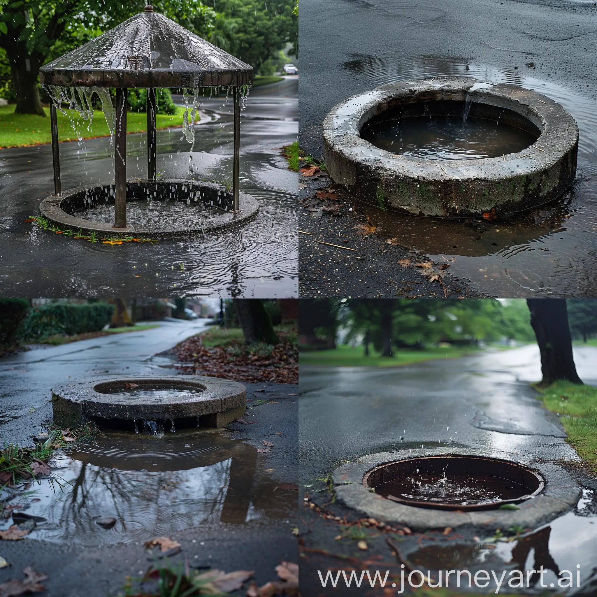 well cover, asphalt around, water running into the well, heavy rain,