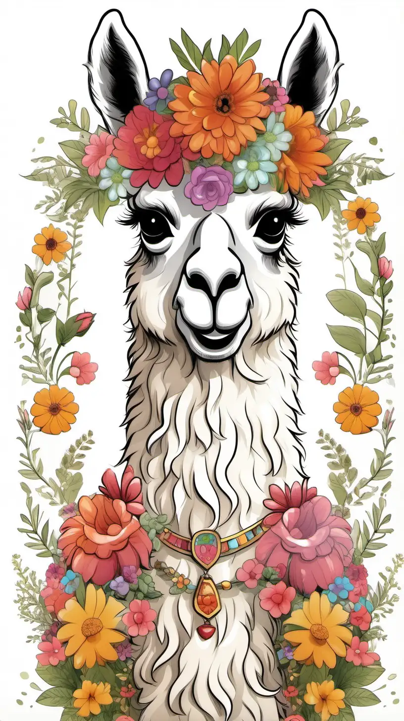 Whimsical Cartoon Llama with Floral Crown on White Background