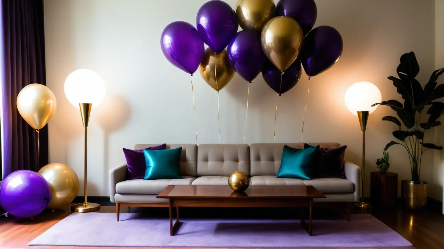 mid century modern minimalist Living room with beige tweed couch, teal coloured pillows and teak wood furniture and brushed brass floor lamps. purple lights set the ambience. purple white and gold party balloons can be seen in the room