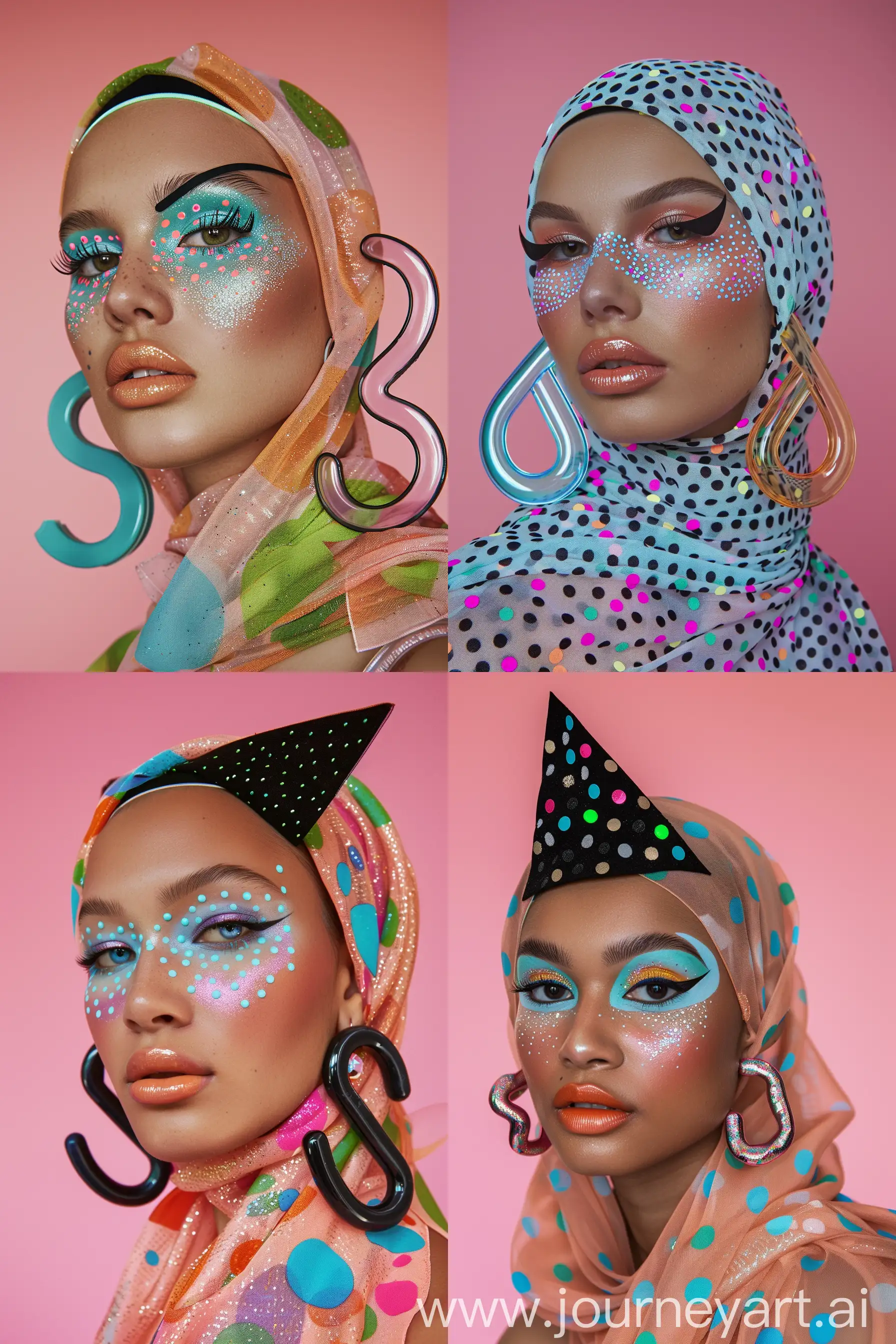 Realistic photo of a model with gorgeous bright neon dotted light blue eye makeup and thick black winged eyeliner, peachy shimmering lipstick, she's wearing hijab with colorful dots on it, she's wearing immense plastic S earrings, looking into the camera, solid pink color background --ar 2:3 --v 6.0