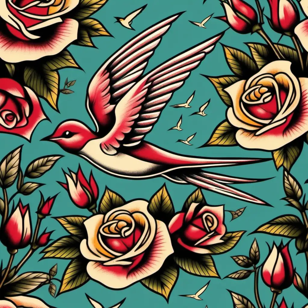 Vintage Seamless Tattoo Pattern with Roses Swallow and Letter