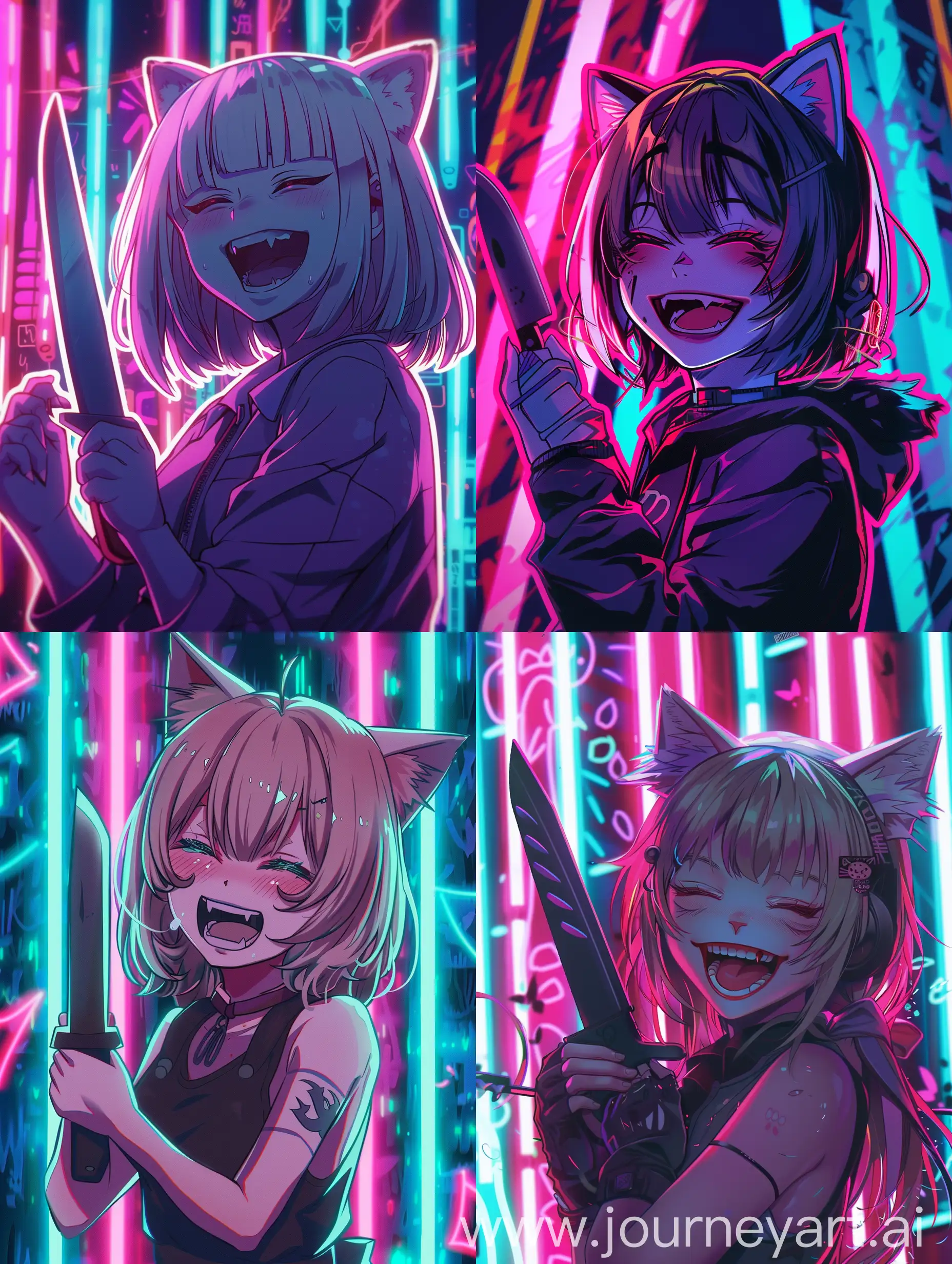 anime girl with cat ears laughing, she holding a knife, with neon background