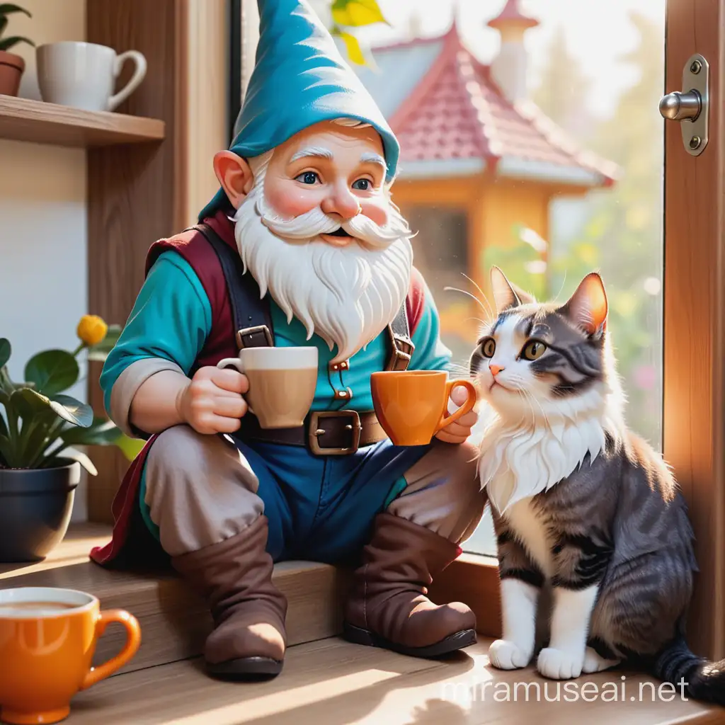 Bearded Gnome Enjoying Morning Coffee with Cat Companion