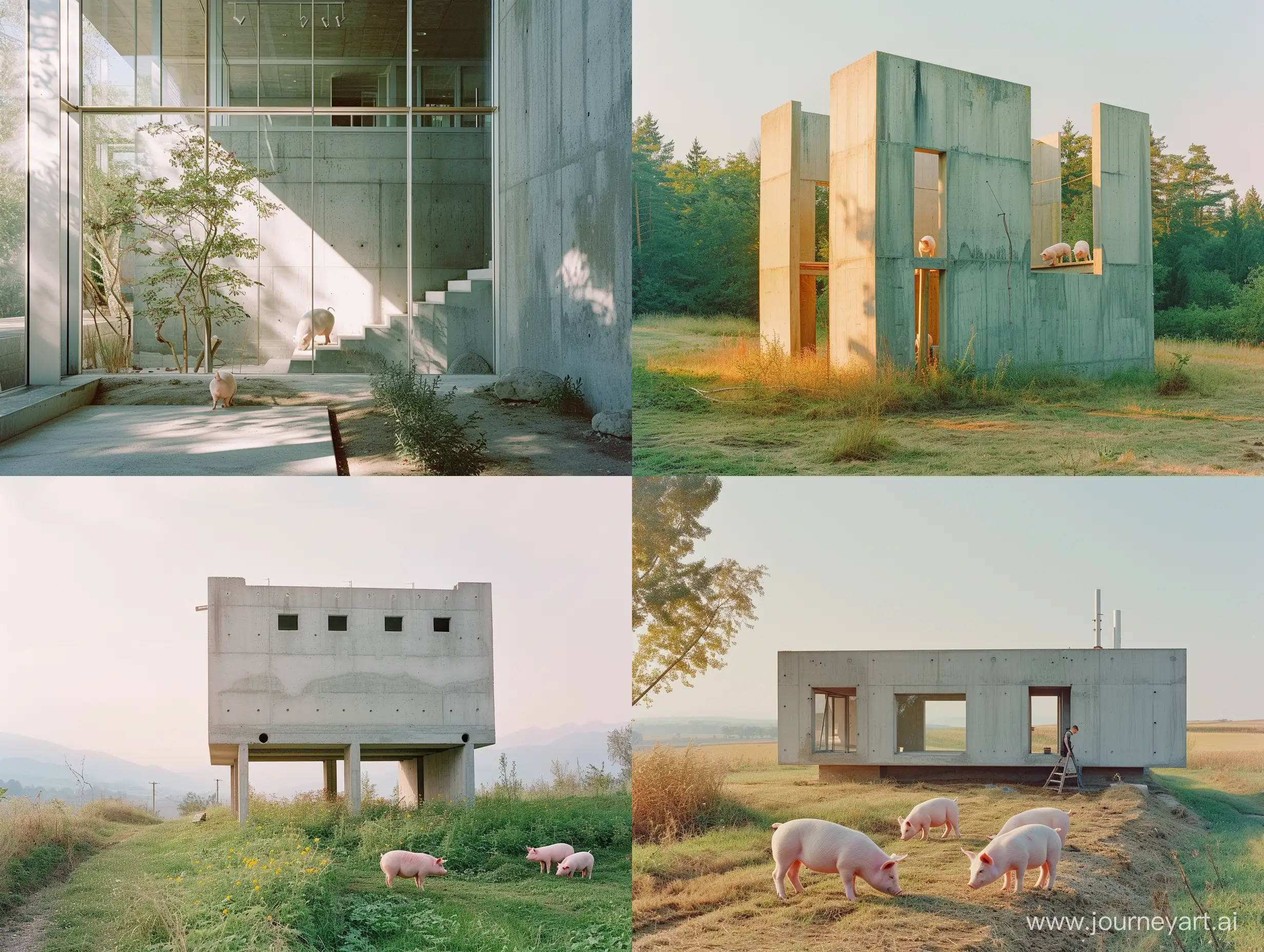 Martin Schoeller's portrait of the 3 little pigs building a tadao ando style house, summer gentle light, cinematic style, shot with Kodak Portra 160::2 --style raw