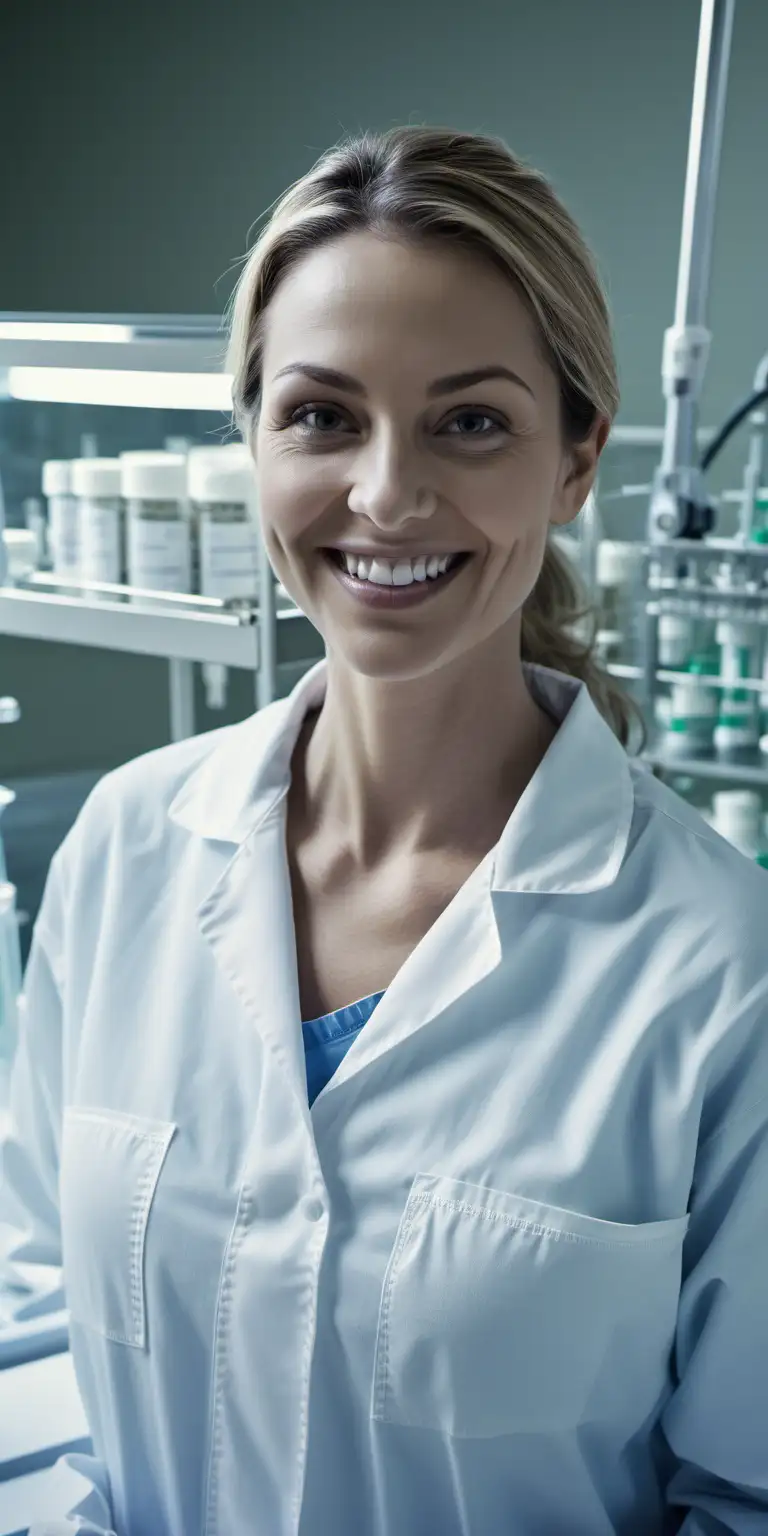 pharmaceutical production, woman smiling at camera, sterile fill-finish environment, full torso visible