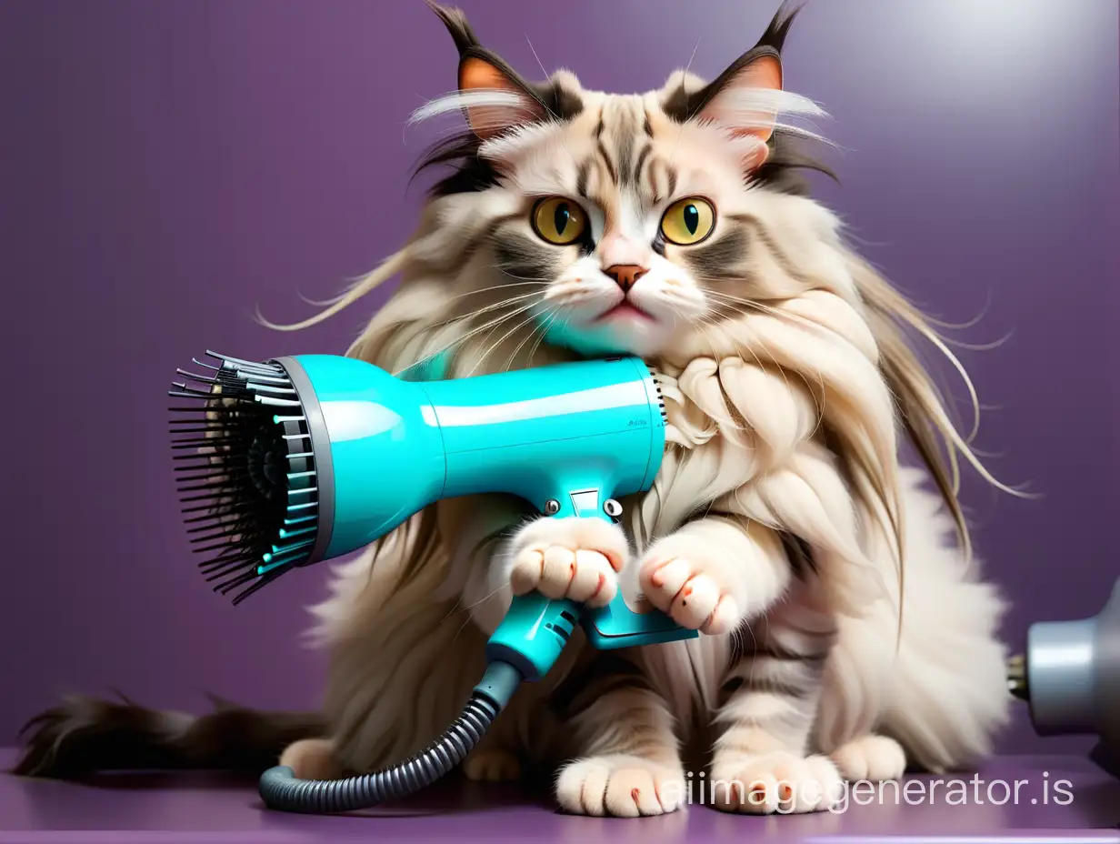 a cat with long hair like a human holds a hairdryer in its paws