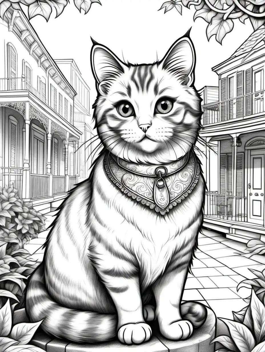 Generate an intricate, realistic and detailed coloring book page for adults featuring a realistic Munchkin breed cat wearing a fancy collar. The Munchkin cat has a small to medium-sized body with a well-proportioned build. Its most defining feature is its short legs, which result from a genetic mutation. Despite the short stature, Munchkin cats are muscular and agile. The head is round, with large, expressive eyes that come in various colors, adding to the breed's endearing appearance.

The ears of the Munchkin are proportional to the head, and the nose is short, creating an overall cute and kitten-like expression. The coat can vary in length and color, but it is generally soft and dense. Munchkin cats can have short, medium, or long fur, contributing to their versatility in appearance.

Known for their playful and sociable nature, Munchkin cats are often compared to kittens throughout their lives. Their tail is in proportion to the body and may have various lengths and shapes.
Ensure that the coloring book image is in simple black and white, coloring book style. The 2D image should be detailed and intricate, filling the entire page with strong ink lines. Tailor the design for adults seeking a stress-relieving coloring activity. The background should be an iconic New Orleans city scene.