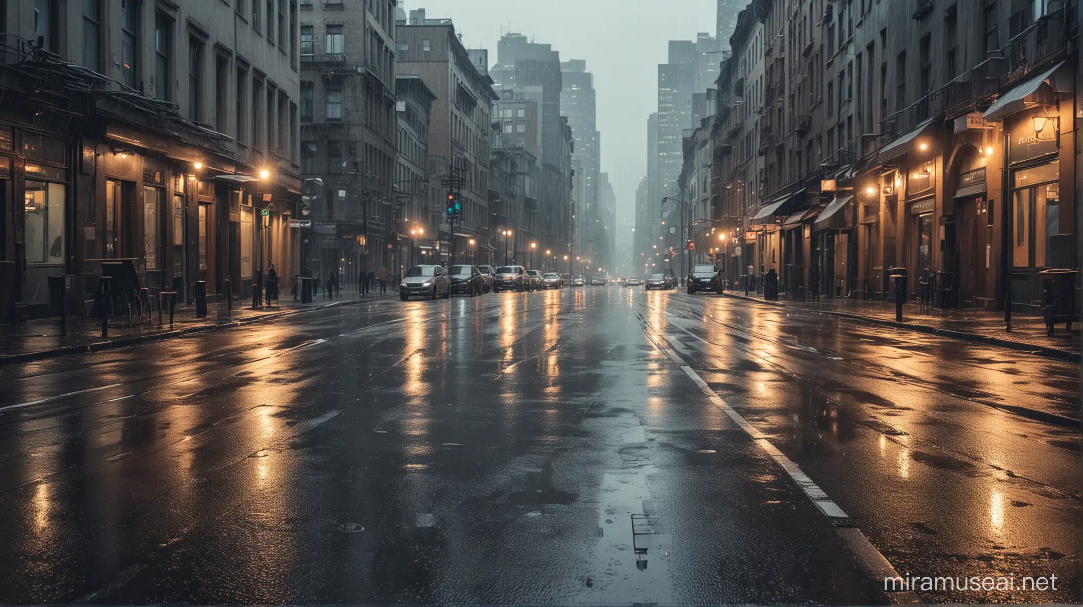 Rainy City Street Scene with Umbrellas and Reflections