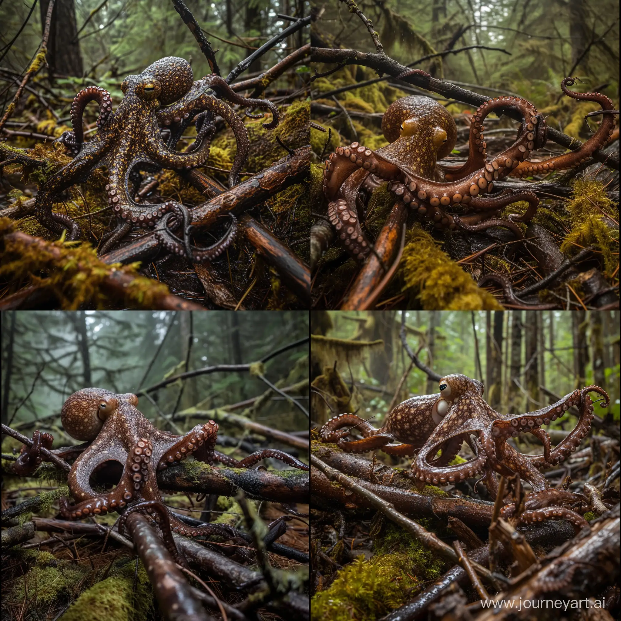 Majestic-Octopus-in-Mossy-Temperate-Pine-Rainforest