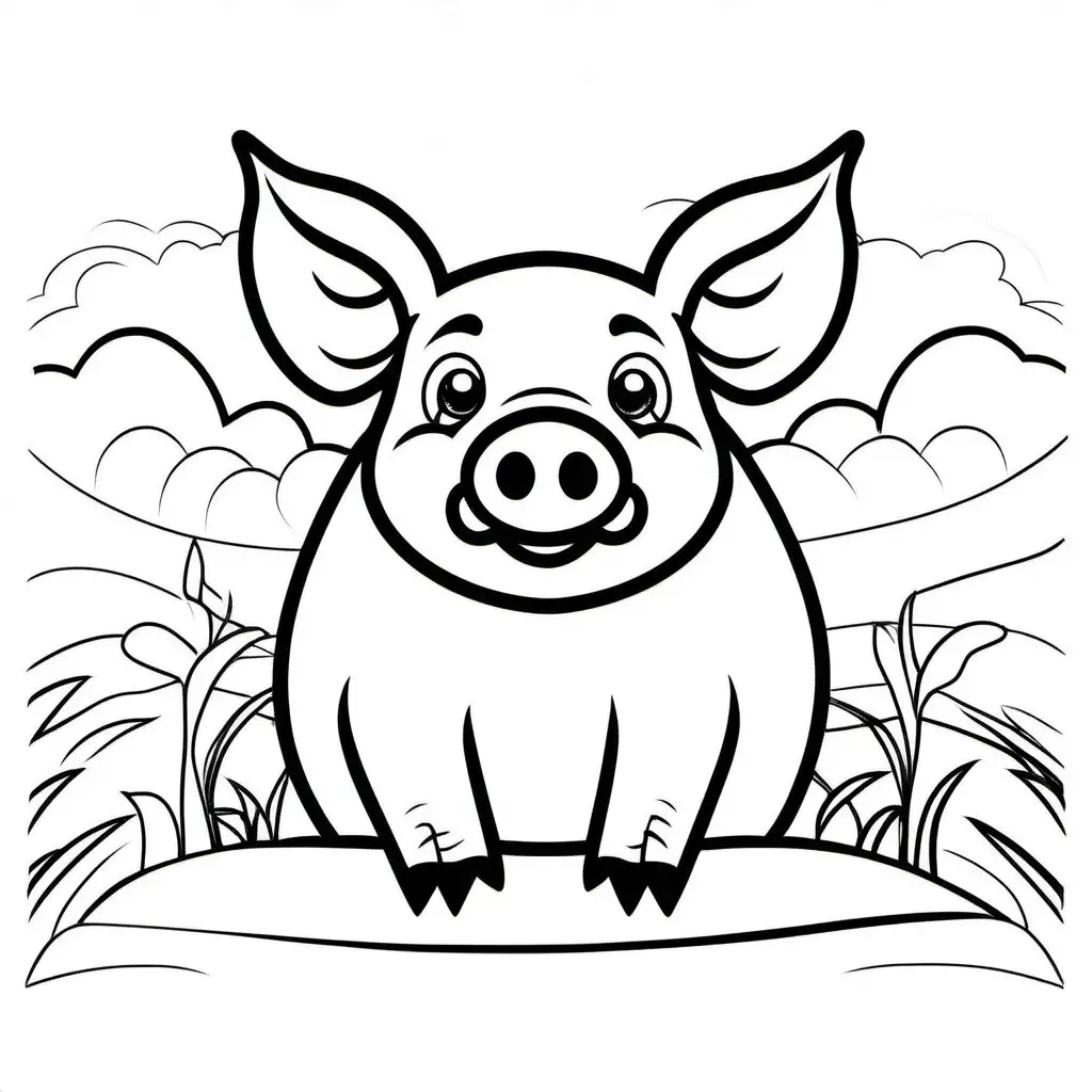 a happy pig, Coloring Page, black and white, line art, white background, Simplicity, Ample White Space. The background of the coloring page is plain white to make it easy for young children to color within the lines. The outlines of all the subjects are easy to distinguish, making it simple for kids to color without too much difficulty