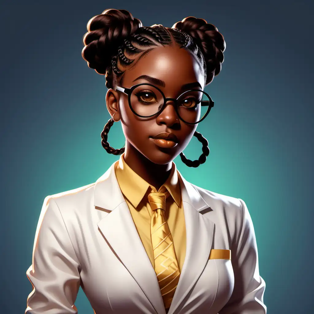 stylized digital illustration of a character with a professional appearance. This character has dark skin, large brown eyes with prominent lashes, and full lips. The hair is styled into two large, neat buns on top of the head, with cornrows leading up to the buns and two braided tendrils framing the face. The character wears large, black glasses, adding to the smart look.

The attire consists of a well-fitted, whit business suit with a light yellow shirt and a white tie. The character has her hands confidently placed on her hips, suggesting a stance of readiness and assertiveness. The background is a simple gradient of yellow, which does not detract from the central figure.

The overall impression is of a character designed to project intelligence, professionalism, and confidence, possibly for a setting that involves business or education. The style of the illustration is modern and could be suited for animation, gaming, or as an avatar for professional social platforms.
