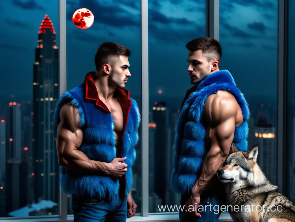 Мускулистый парень в синей меховой жилетке смотрит на волка. Светятся окна небоскребов, красная луна. 