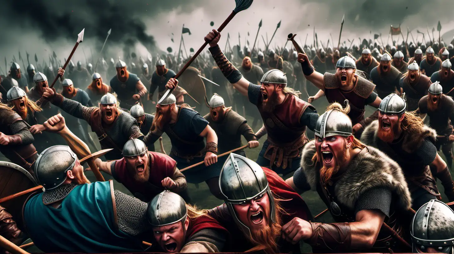 create a vivid, epic image of vikings from the year 1000 going berserk in a battle