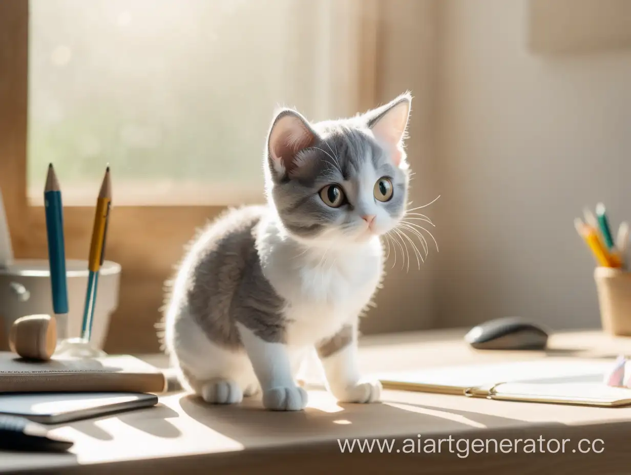 Plaster wallA cute and silly little gray and white cat is squatting on the desk, with a hazy background of reverse sunlight.