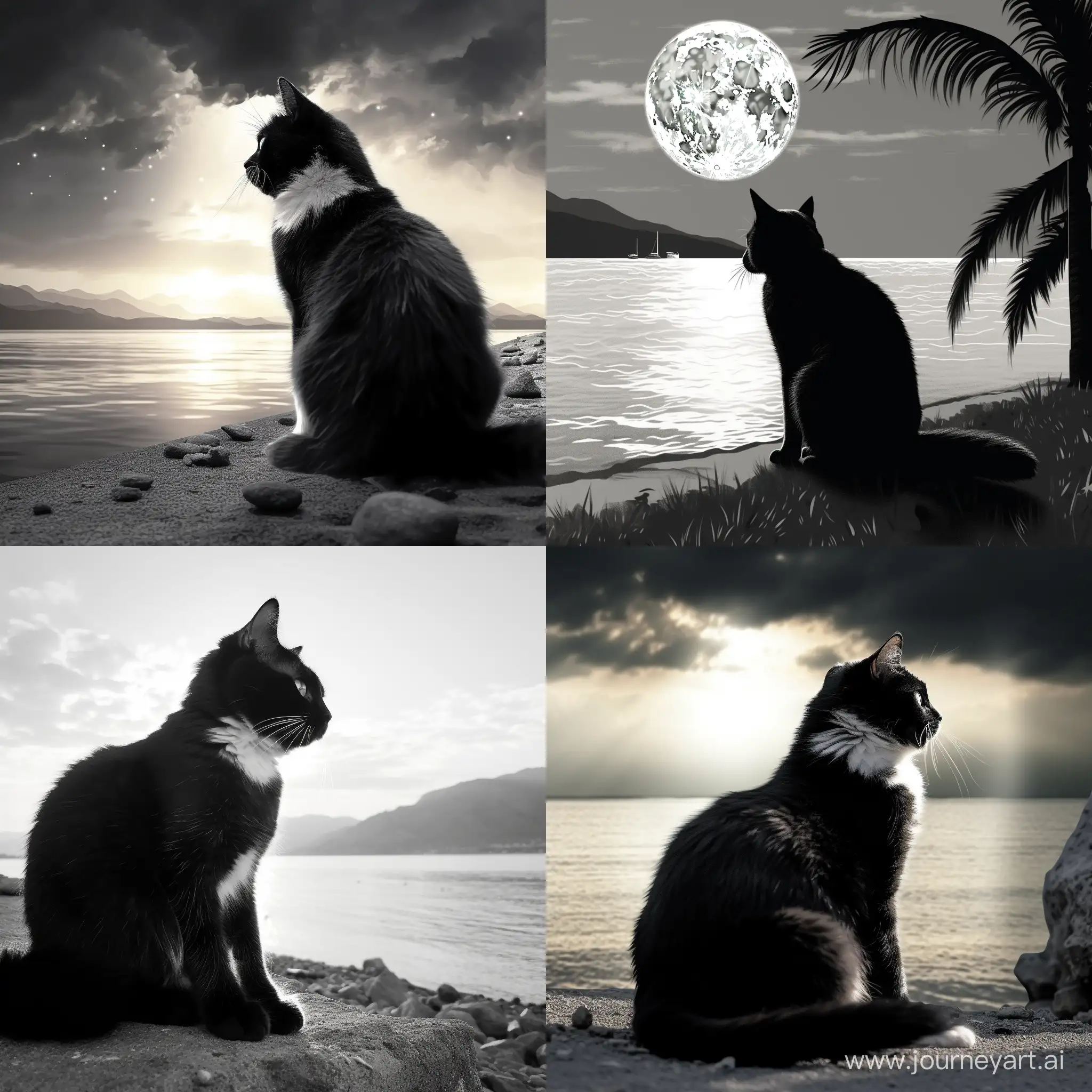 A handsome black and white-patterned cat, crouching by the seaside, gazing at the scenery, silhouette, gentle sea breeze, sunny, hyper-realistic texture, cinematic lighting effects, high-definition image quality.