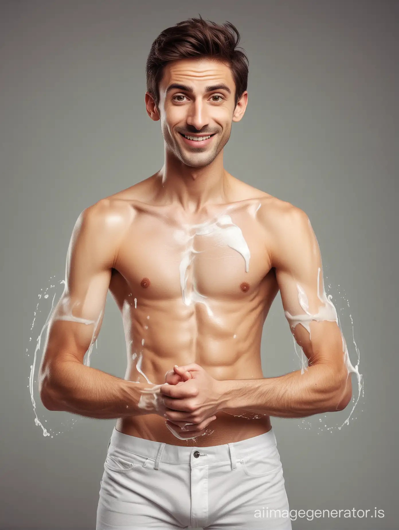 Humorous-Illustration-Slim-Man-Whipping-Lassi-with-His-Arms-Like-a-Homogenizer