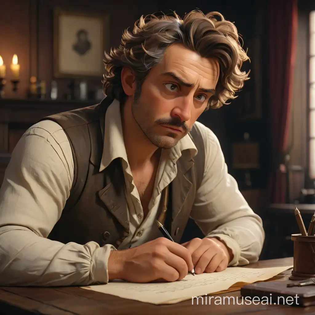 writer Alexander Dumas sits at the table and writes on a piece of paper. he looks down at the paper. And his skin is more darker. In realism style, 3d-animation