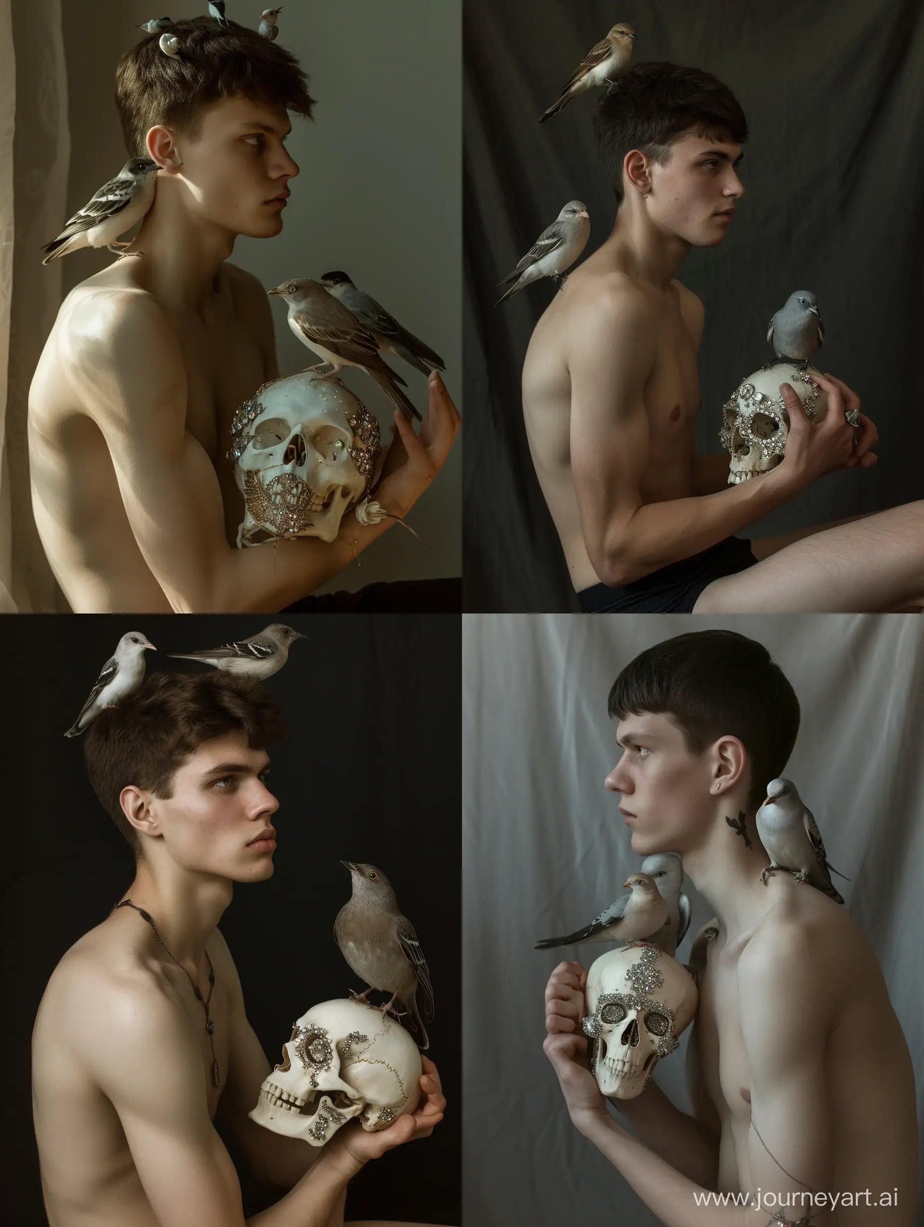 hyperrealistic photo of a skinny 20-year-old Slavic man sitting in a semi-profile, dark brown short hair, a skull inlaid with rhinestones in his hands, birds sitting on his back and shoulders, and one bird sitting on a skull, in the style of Annie Leibovitz, dramatic light