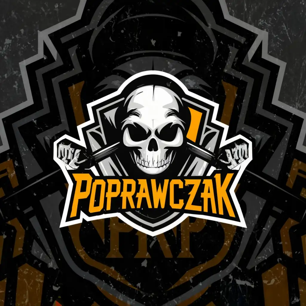 a logo design,with the text "POPRAWCZAK", main symbol:skull, fight, prison,complex,clear background